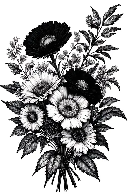 birth flower bouquet fine line January July August September November December tattoo design idea
