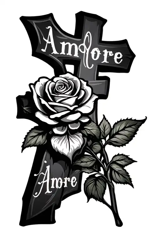 Christian cross with a rose and the word amore tattoo design idea