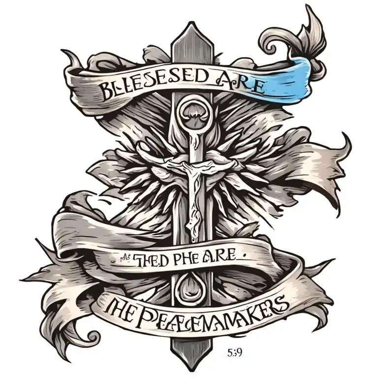 Cross with ""Blessed are the peacemakers" written on a draped blue sash.  Mat 5:9 written underneath tattoo design idea