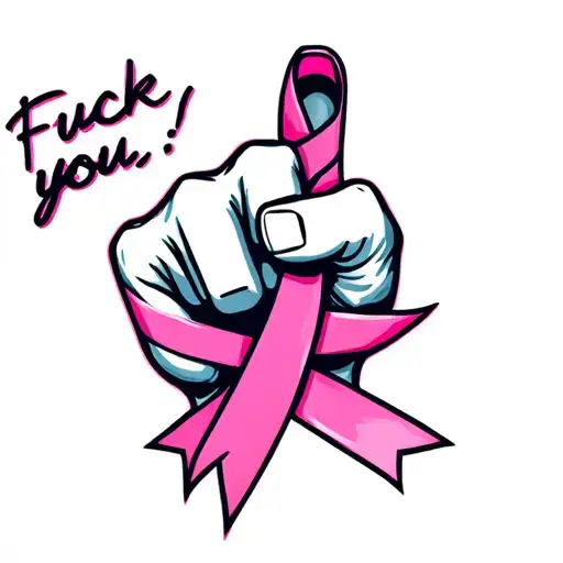 Fuck you fist with pink breast cancer ribbon wrapped around middle finger tattoo design idea