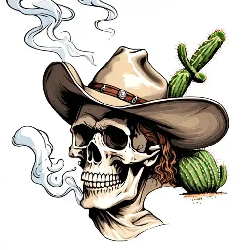 skull with cowboy hat smoking a cactus tattoo design idea