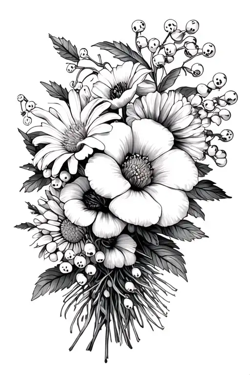 bouquet with Hawthorne, lily of the valley, aster, morning glory, chrysanthemums and peony tattoo design idea