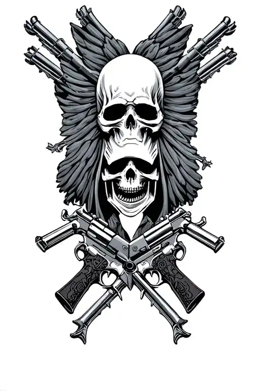 bennett over sholders with grim reaper and guns  tattoo design idea