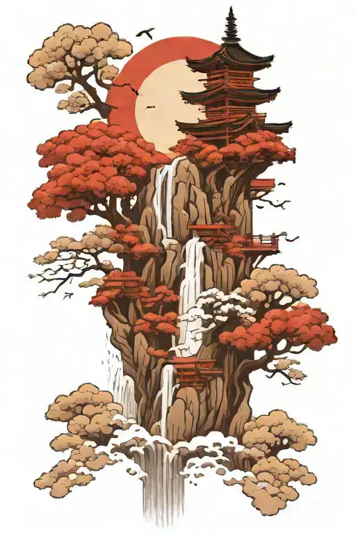 High resolution japanese temple standing on clouds  with waterfall flowing tattoo design idea