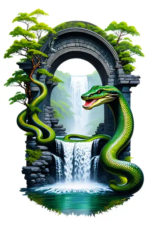 snake japanese arch waterfall tattoo design idea
