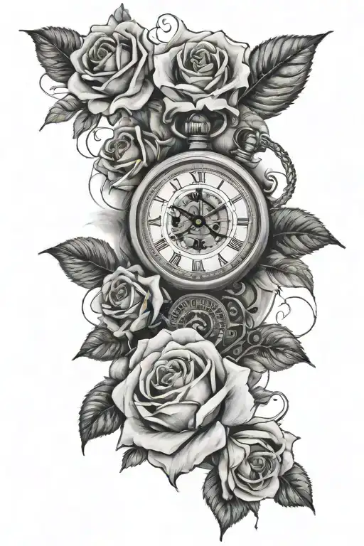 2 big roses, clock combined with compass and a suger skull on top tattoo design idea