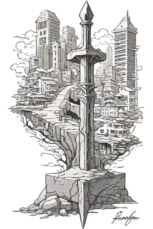 Excalibur in concrete on a modern city street  tattoo design idea