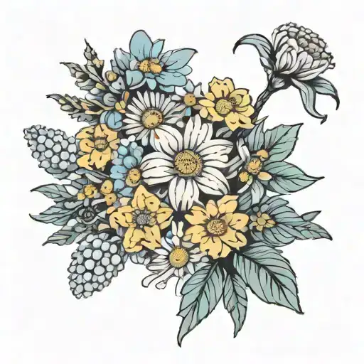 Flower bouquet tied with daffodils daisy Chrysanthemum violets asters  tattoo design idea