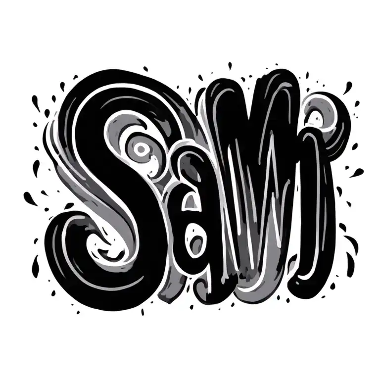 A minimalist tattoo design with two parts:  1. Horizontal line with connected handwritten letters "Sam", ending with a tattoo design idea