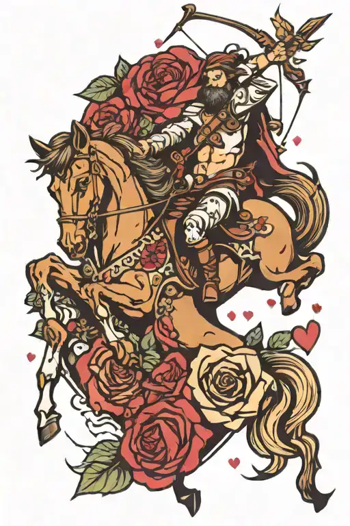 man with bow and arrow on horse with roses and hearts  tattoo design idea