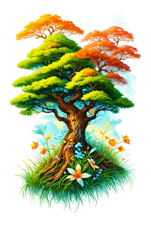 Tiwaz, Uruz and Nauthiz with nature elements like trees, grass and flowers tattoo design idea