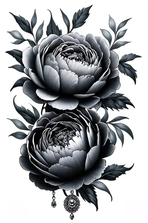 two black and gray peonies with embedded mandala at the bottom and hornomental jewelry tattoo design idea