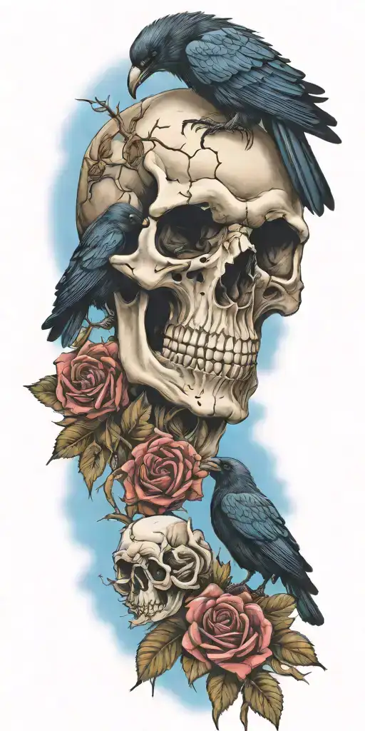skull and roses with raven perched on top blue sky background  tattoo design idea