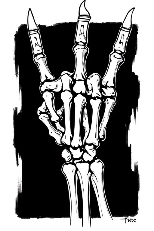 skeletal hand holding up a middle finger with thumb on the right with forearm bones showing that fade into a balisong  tattoo design idea