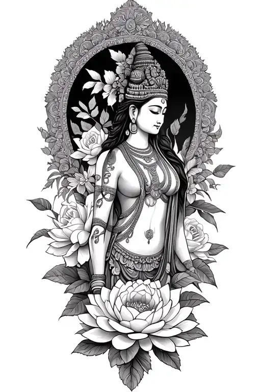 Cambodia apsara surrounded in peonies, roses and lotus flowers tattoo design idea
