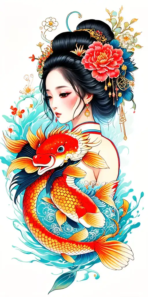 Japanese, dragon, geisha girl, koi carp Masonic symbols, bright colours, flowers, full colour tattoo design idea