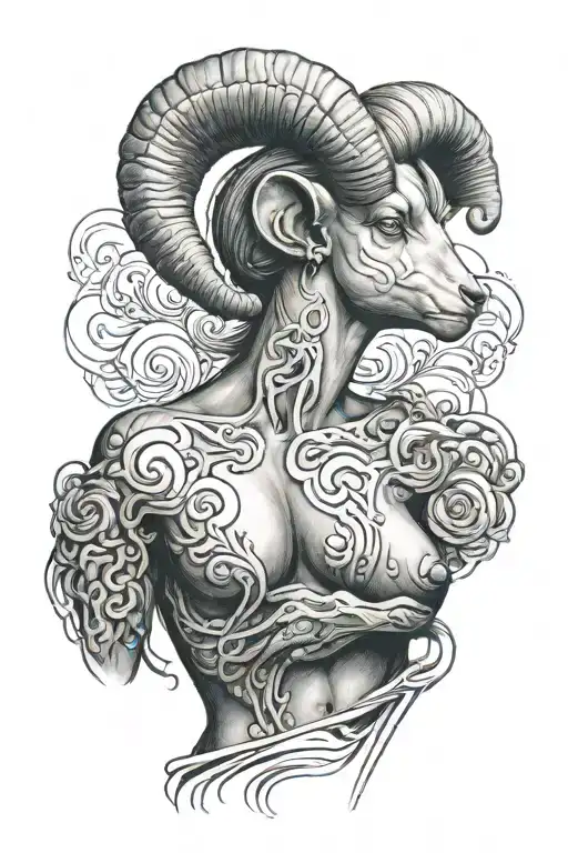 A surreal tattoo design of a woman with a human torso and the lower part of a ram body, named Blue tattoo design idea