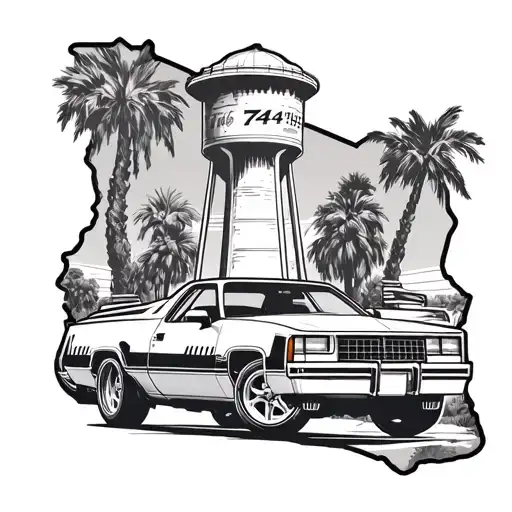 1981 Chevy el Camino with water tower in background with palm trees and a 714 inside of a California state outline  tattoo design idea