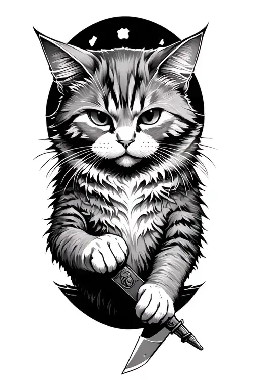 a scruffy street humanoid cat holding a knife tattoo design idea