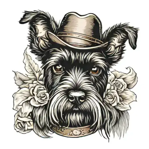 all black schnauzer with cowgirl hat and brown eyes tattoo design idea