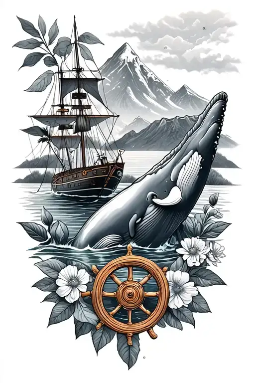 Plants, flowers, landscape with mountains, humpback whale in the water, lion, elephant, a steering wheel from a sailing ship tattoo design idea