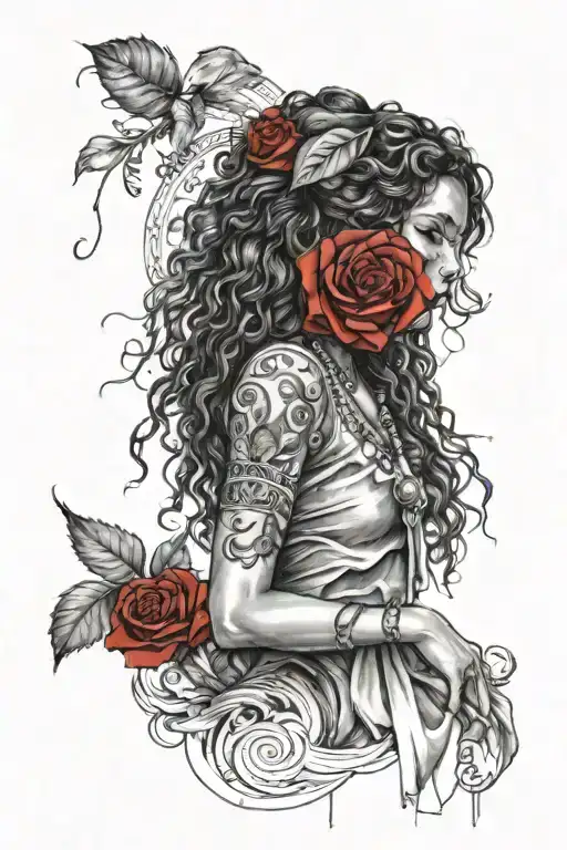 a Romani gipsy girl with curly hair and long skirt with is till the floor 1 red rose and the rest is black and crop top  tattoo design idea