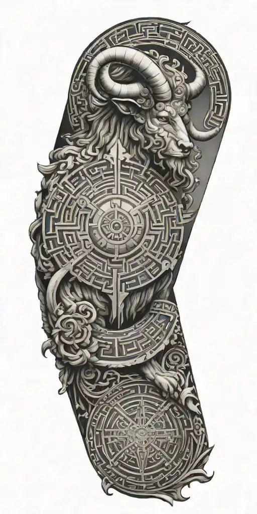 A tattoo design combining Greek mythology and geometry, featuring a geometric representation of the labyrinth with a Minotaur at its center tattoo design idea