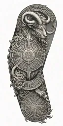 A tattoo design combining Greek mythology and geometry, featuring a geometric representation of the labyrinth with a Minotaur at its center tattoo design idea