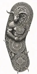 A tattoo design combining Greek mythology and geometry, featuring a geometric representation of the labyrinth with a Minotaur at its center tattoo design idea