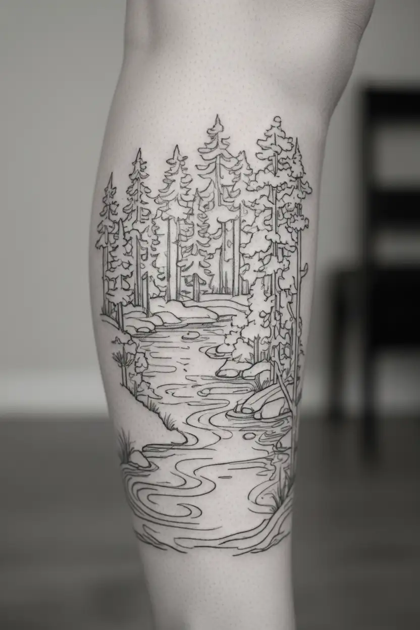 A serene lake surrounded by towering pine trees, with a hiking trail weaving through the forest tattoo design idea
