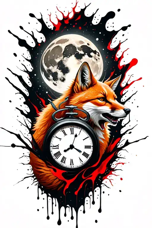 A ginger fox howling at the moon with the hands of a clock on it in burning forest tattoo design idea