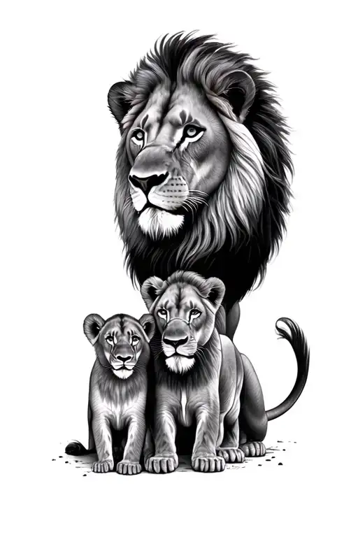 lion, lioness and 2 cubs face only tattoo design idea