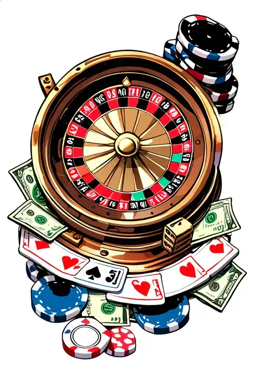 a tattoo sleve with a roulette wheel with poker chips and dice and money tattoo design idea