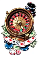 a tattoo sleve with a roulette wheel with poker chips and dice and money tattoo design idea