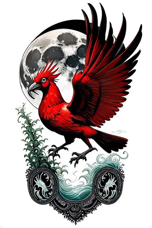 red liverbird flying Infront of a big moon with a piece of seaweed in its mouth with the paisley gates at the bottom tattoo design idea