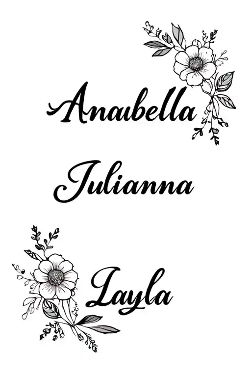 "Annabella Julianna Layla " floral and geometric design with children's names tattoo design idea