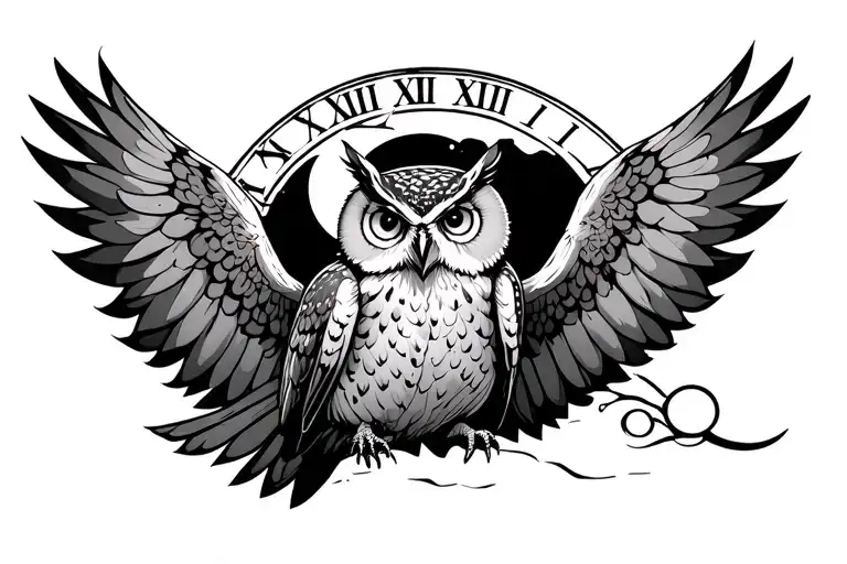 Owl with its wings flying open at night in the forest with trees with Roman numerals around it like a clock with a moon. tattoo design idea