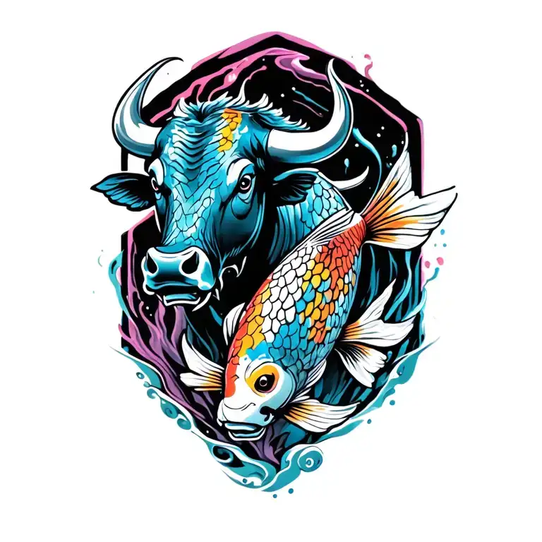 bull with jumping koi fish  tattoo design idea