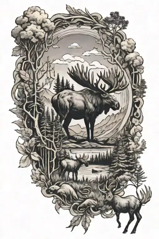 Rainbow + moose + birthdays + hunting scene tattoo design idea