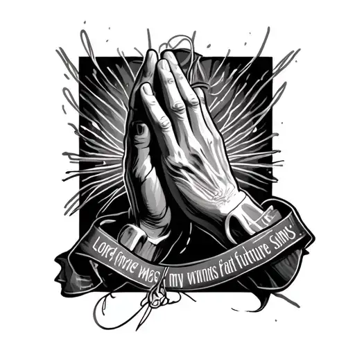praying hands with string that says "lord forgive me for my past wrongs and future sins" tattoo design idea