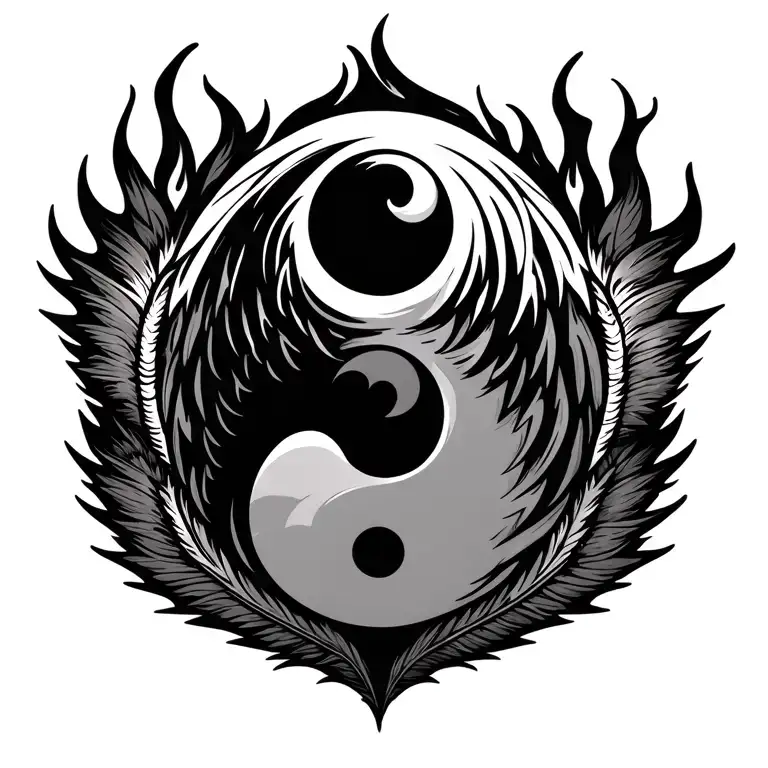 ying yang in the middle, eagle feathers on the sides with burning edges, wide stretched to the sides, less height tattoo design idea