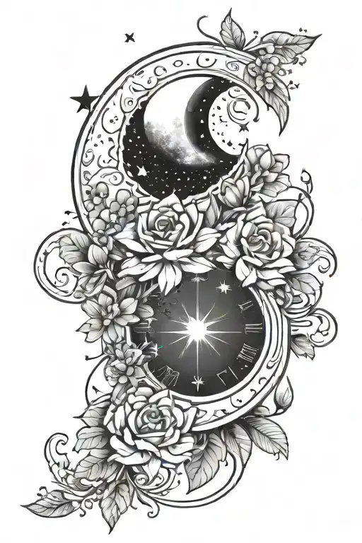 along the spine, moon phase, flowers, stars, fantasy tattoo design idea