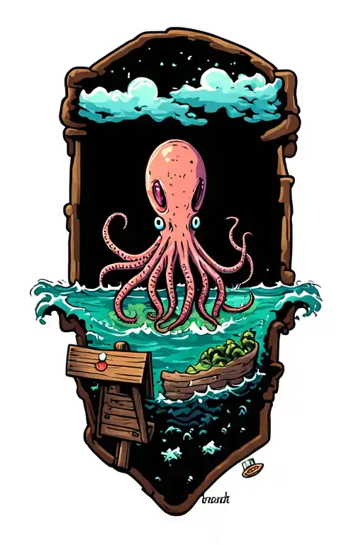 ocean scene with giant squid small island with two way wooden sign tattoo design idea