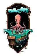 ocean scene with giant squid small island with two way wooden sign tattoo design idea
