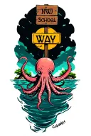 ocean scene with giant squid small island with two way wooden sign tattoo design idea