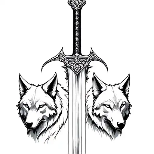 Standing warrior sword with hood and two wolf on each side tattoo design idea