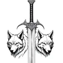 Standing warrior sword with hood and two wolf on each side tattoo design idea