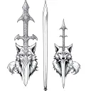 Standing warrior sword with hood and two wolf on each side tattoo design idea