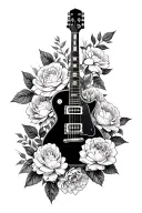 roses and peony intertwined with a fender guitar merging together with an arsenal tattoo design idea