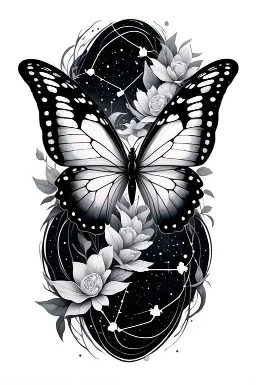 fading butterfly and Lyra constellation intertwined tattoo design idea